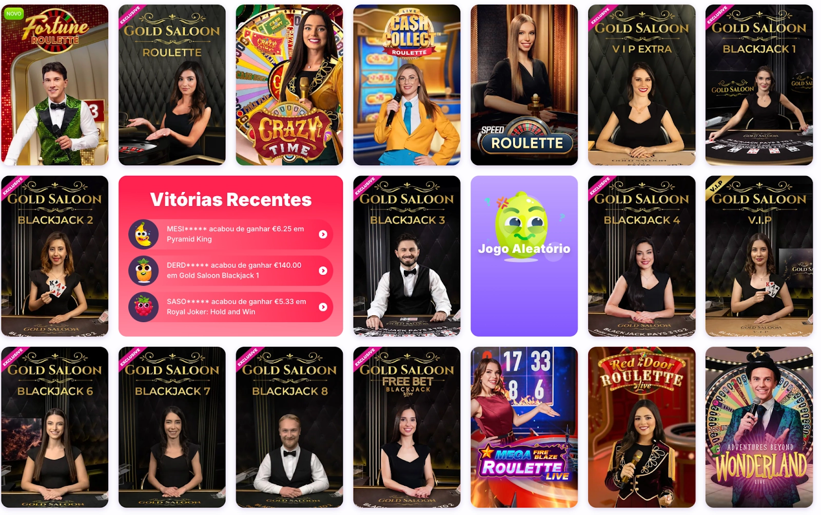 Jogos ao vivo no Nomini Casino, incluindo roleta e blackjack Gold Saloon